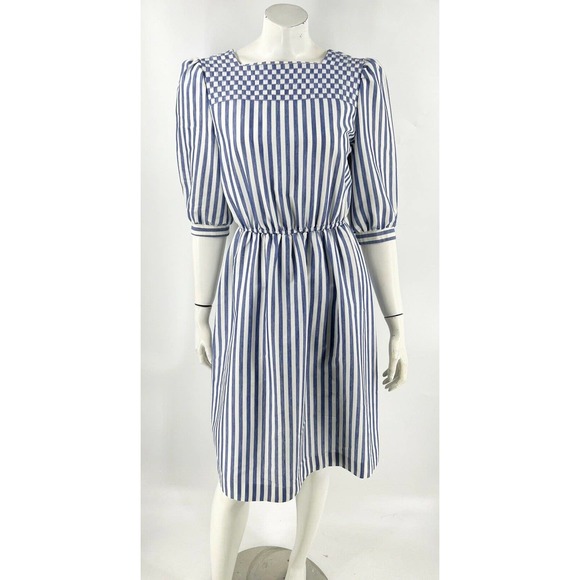 VTG Kathy J Dress 8 Blue White Striped Puff Shoulder Embroidered Elastic Waist - Picture 1 of 6